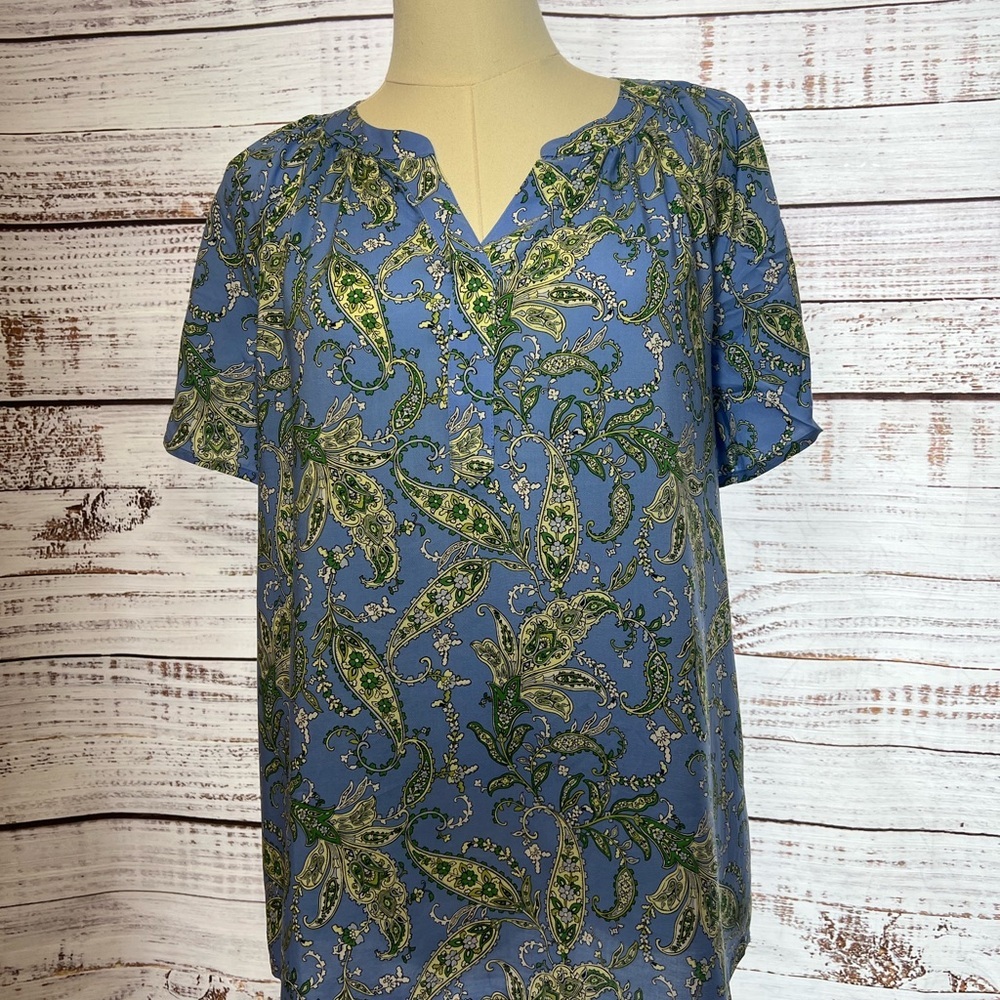 J. Jill Blue and Green Relaxed Short‎ Sleeve Blouse